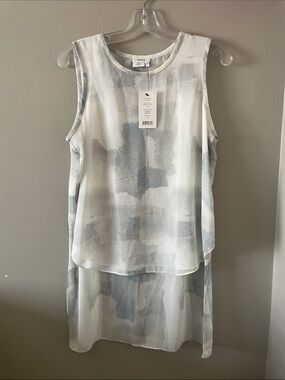 DKNY White and Light Blue-Grey Sheer Layered Hi-Low Tank